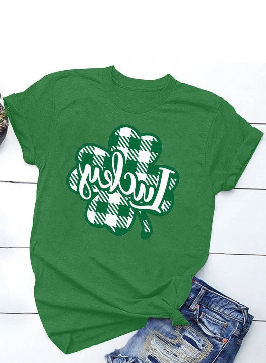 Women's T-shirts Clover Plaid Print Short Sleeve Round Neck Daily T-shirt