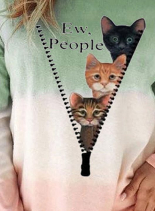 Women's Color Block Cats Ew People Print Crewneck Sweatshirt