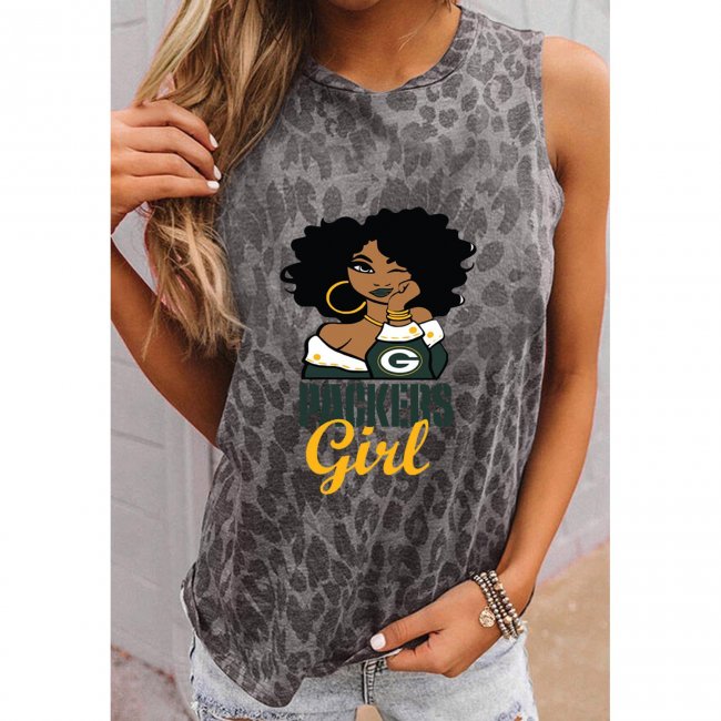 Green Bay Packers Round Neck sleeveless Leopard Print T-Shirt