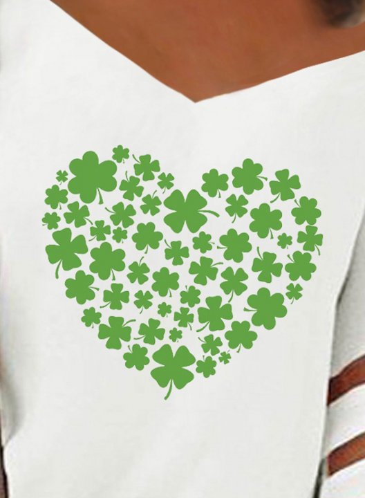 Women's T-shirts Strapless Heart-shaped Clover-print Half Sleeve V Neck Daily T-shirt