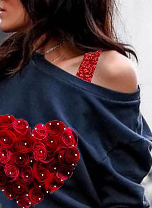 Women's Rose Heart Print Sweatshirt Casual Off-shoulder Long Sleeve Solid Sequin Rose Sweatshirt