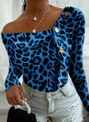 Women's Sweatshirts One shoulder Long Sleeve Leopard Button Casual Sweatshirts