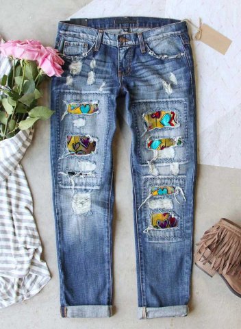 Women's Jeans Pocket Cut-out Slim Color Block Mid Waist Casual Ankle-length Jeans