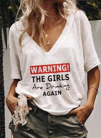 Women's Warning The Girls Are Drinking Again T-shirts Casual Letter Solid V Neck Short Sleeve Daily T-shirts