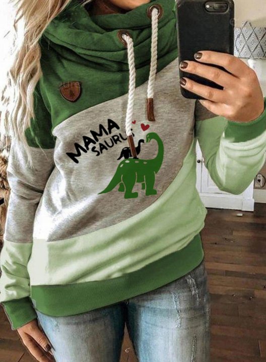 Women's Mamasaurus Hoodies Turtleneck Drawstring Long Sleeve Color Block Hoodies