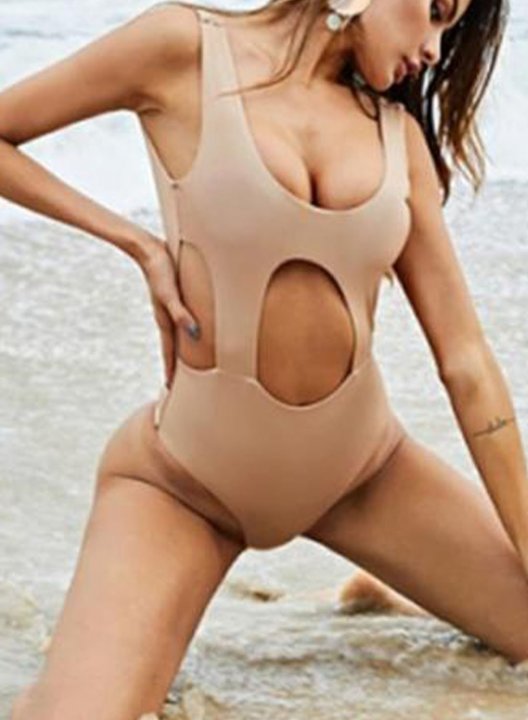 Women's One Piece Swimwear Cut Out Solid U Neck One-Piece Swimsuit