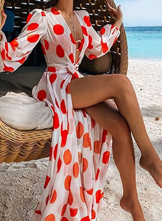 Women's Maxi Dress Polka Dot Color Block A-line Long Sleeve V Neck Knot Summer Vacation Casual Beach Maxi Dress