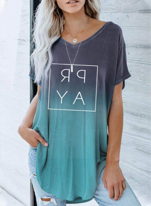 Women's T-shirts Color Block Letter V Neck Short Sleeve Casual Daily T-shirts