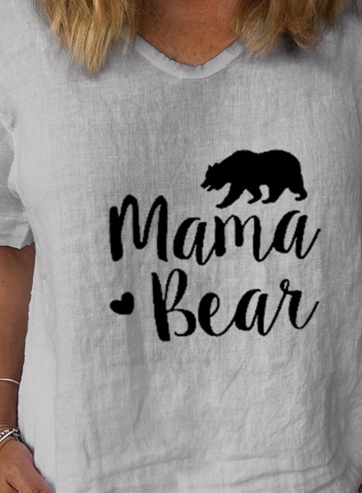 Women's Mama Bear T-shirts Bear Letter Print Short Sleeve V Neck Daily T-shirt