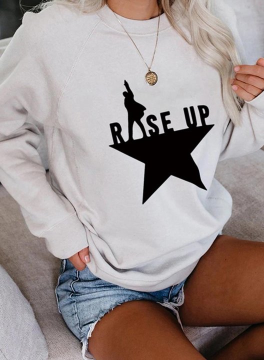 Women's White Sweatshirts Rise Up Hamilton Star Print Long Sleeve Crew Neck Sweatshirt