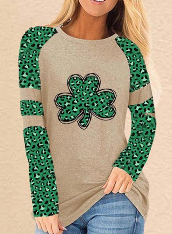 Women's T-shirts Leopard St Patrick's Day Shamrock Print Long Sleeve Round Neck Daily T-shirt