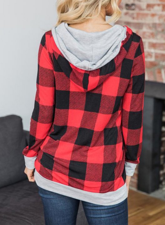 Red Plaid Pocket Long Sleeve Hoodie