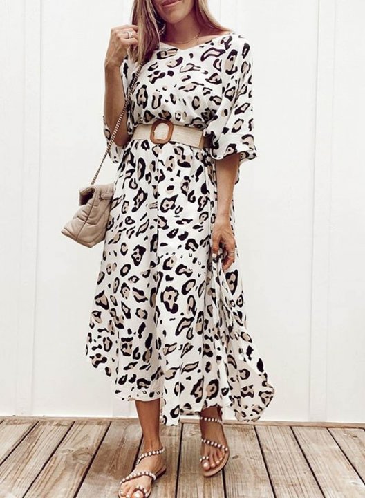 Women's Maxi Dress A-line Leopard Round Neck 3/4 Sleeve Boho Daily Maxi Dress