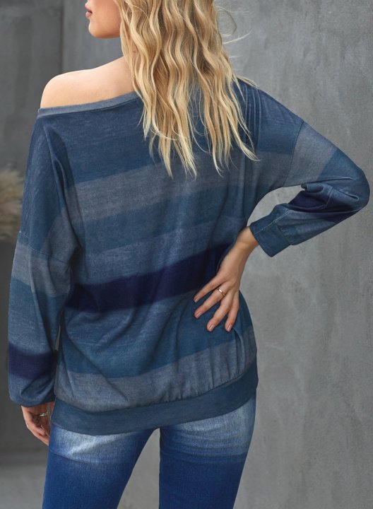 One shoulder Solid Long Sleeve Striped Loose Sweatshirt