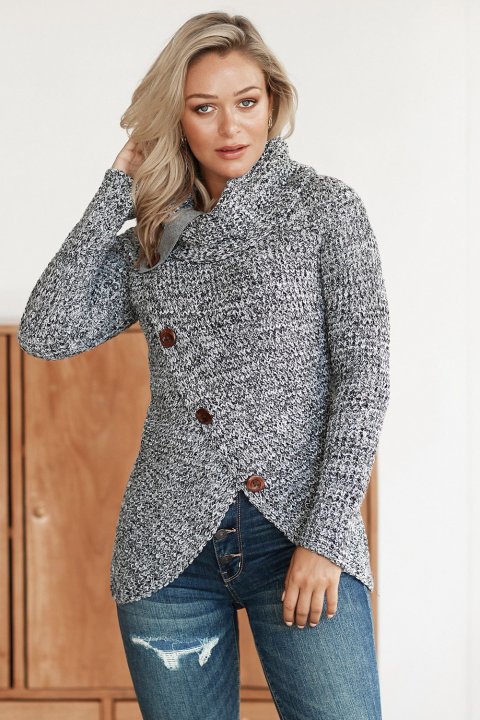 Women's Sweaters Slate Blue Buttoned Wrap Turtleneck Pullover Sweaters