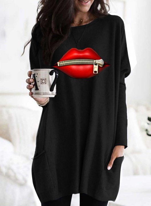 Solid Lips Print Long Sleeve Round Neck Tunic Sweatshirt