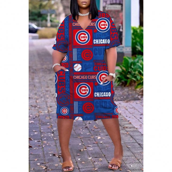 Women's Chicago Cubs Printed V-neck Casual Pocket Dress