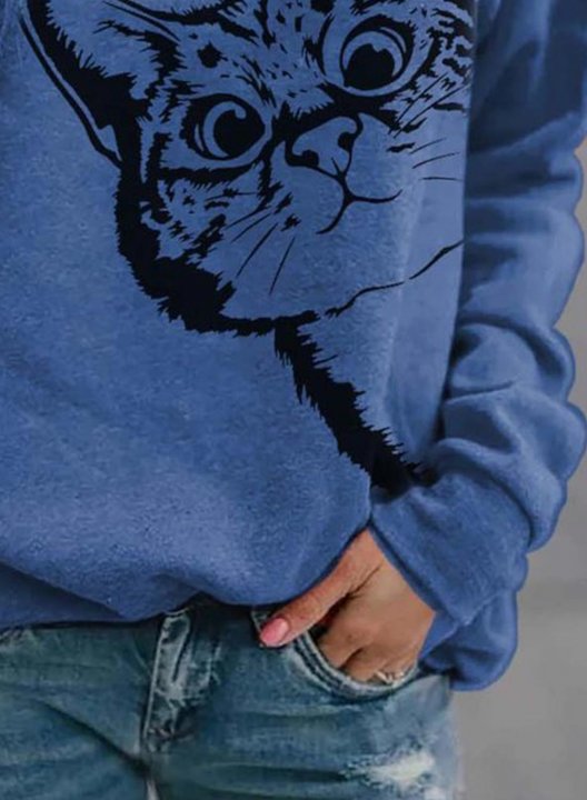 Solid Cat Print Round Neck Long Sleeve Sweatshirt