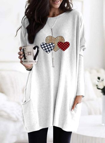 Women's Tunic Tops Heart-shaped Print Long Sleeve Round Neck Casual Pocket Tunic Top