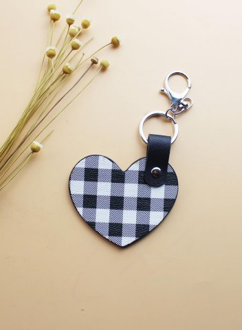 Checked Heart-shaped Leather Keychain