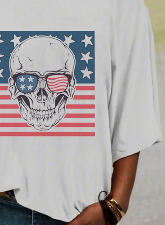 Women's American Flag T-shirts Skull Print Short Sleeve Cold Shoulder Daily T-shirt