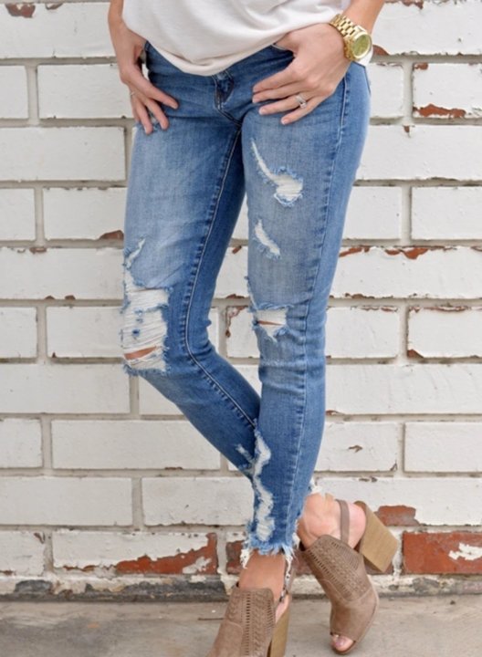 Women's Jeans Skinny Solid Mid Waist Daily Ankle-length Casual Ripped Jeans