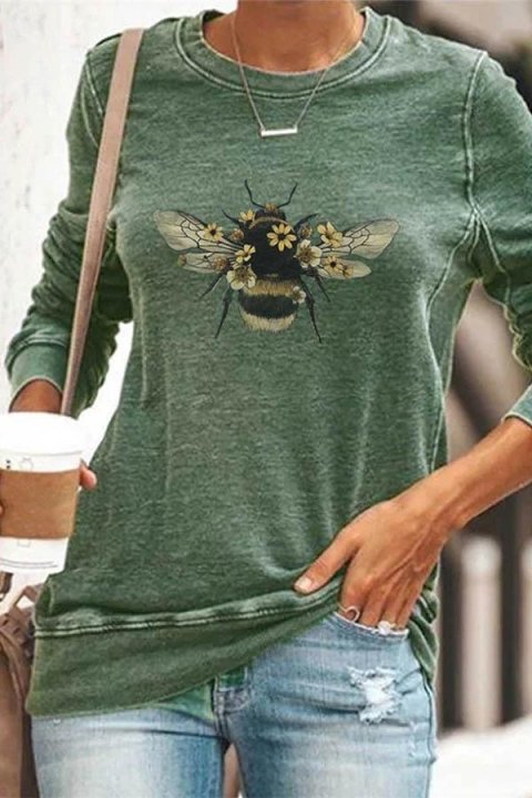 Bee Floral Print Paneled Casual Long Sleeves T-shirt