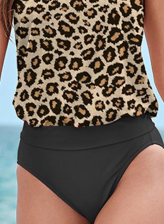 Women's Tankinis Mid Waist Leopard Padded Cut Out Round Neck Vacation Tankini Set