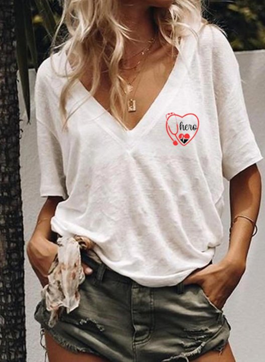 Women's T-shirts Heart-shaped Letter Print Short Sleeve V Neck Daily T-shirt