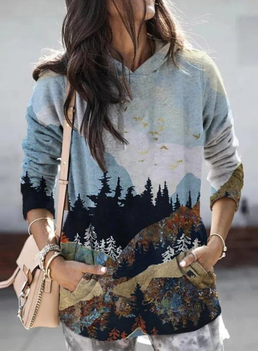 Women's Mountain Landscape Treetop Printed Art Hoodies Casual Abstract Long Sleeve Round Neck Daily Hoodies