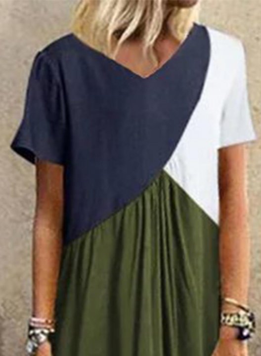 Women's Maxi Dresses Color Block Short Sleeve A-line V Neck Casual Daily Maxi Dress