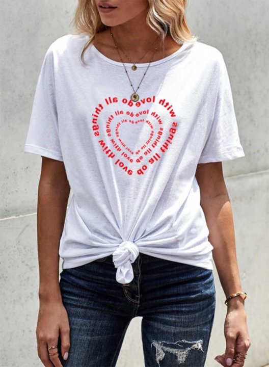 Women's T-shirts Letter Heart Print Solid Round Neck Short Sleeve Daily Casual T-shirts