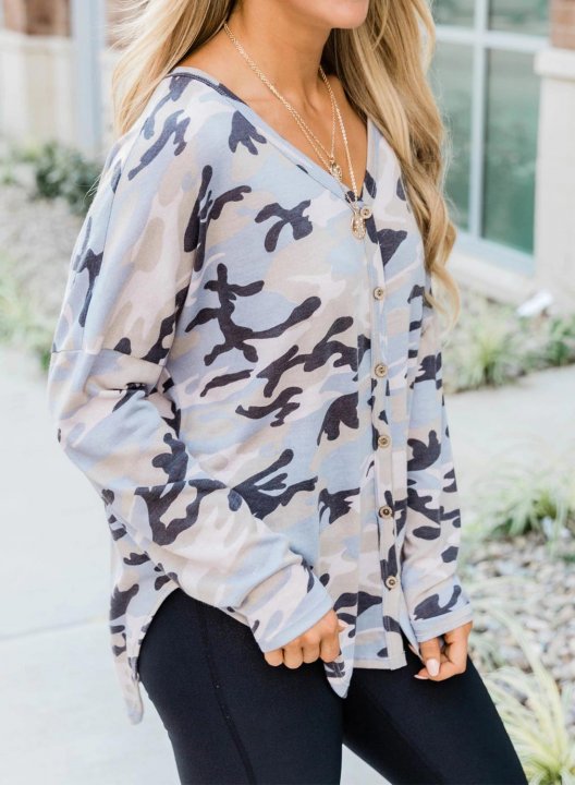 Camo Long Sleeve V Neck Button Sweatshirt