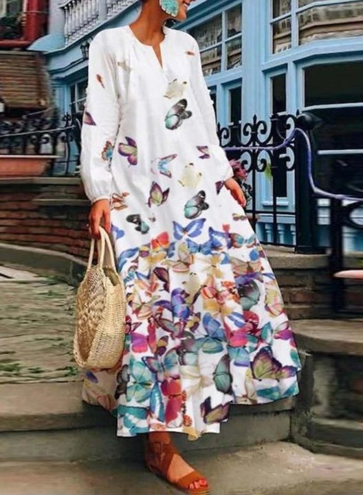 Women's Maxi Dresses Multicolor Butterfly Long Sleeve Round Neck Vintage Casual Maxi Dress