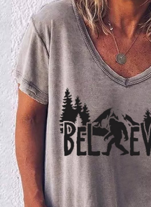 Women's T-shirts Believe Bigfoot Print Short Sleeve V Neck Daily T-shirt