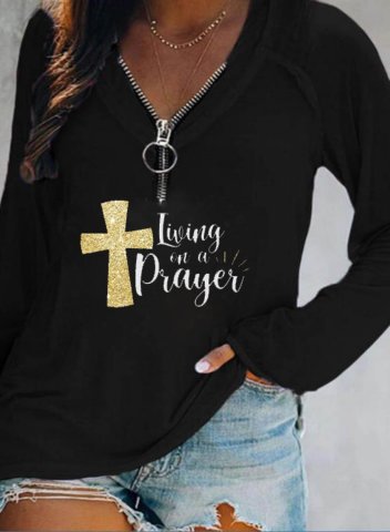 Women's Sweatshirt Letter Living on a Prayer Color Block Long Sleeve Zip V Neck Daily Pullover