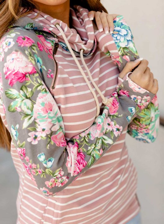 Women Floral Strioed Long Sleeve Hooded Top