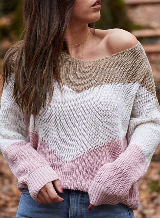 Women's Sweaters Color-block Long Sleeve V Neck Cold-shoulder Sweater