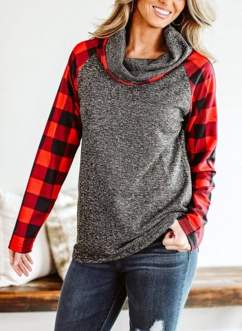 Fold Neck High Neck Long Sleeve Plaid Sweatshirt