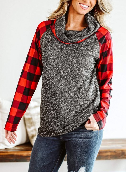 Fold Neck High Neck Long Sleeve Plaid Sweatshirt