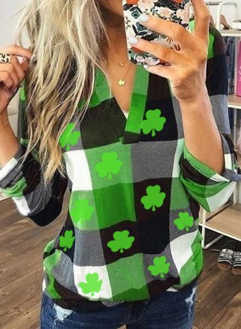 Women's Blouses Plaid St. Patrick's Day Shamrock Print Long Sleeve V Neck Daily Blouse