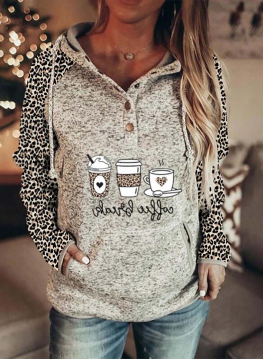 Women's Hoodies Leopard Drawstring Button Long Sleeve Solid Pocket Casual Hoodies