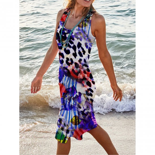 Ocean Leopard Print Holiday Casual Round Neck Sleeveless Dress Vest