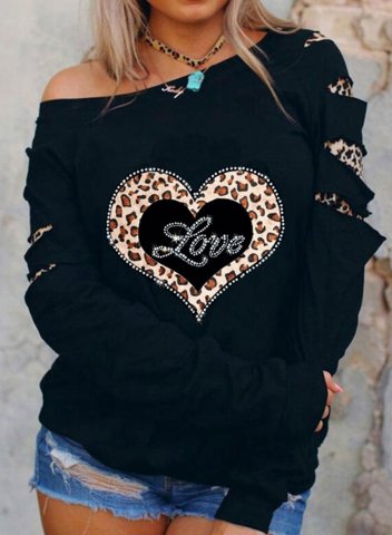 Women's Pullovers Leopard Print Long Sleeve Cold-shoulder Rhinestones Casual Pullover