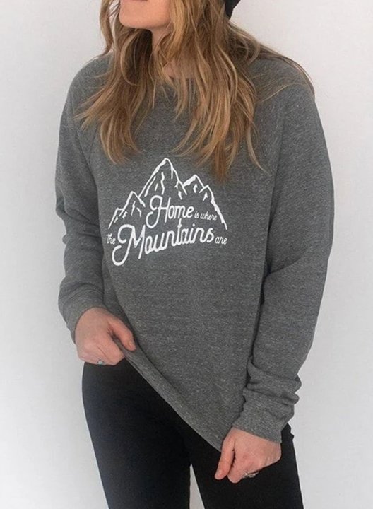 Women's Home Mountains Print Sweatshirts Letter Print Long Sleeve Round Neck Daily Casual Sweatshirt