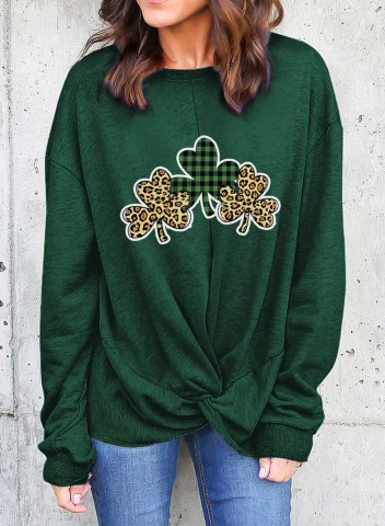 Women's St Patrick's Day Sweatshirts Leopard Plaid Color Block Print Long Sleeve Round Neck Sweatshirt