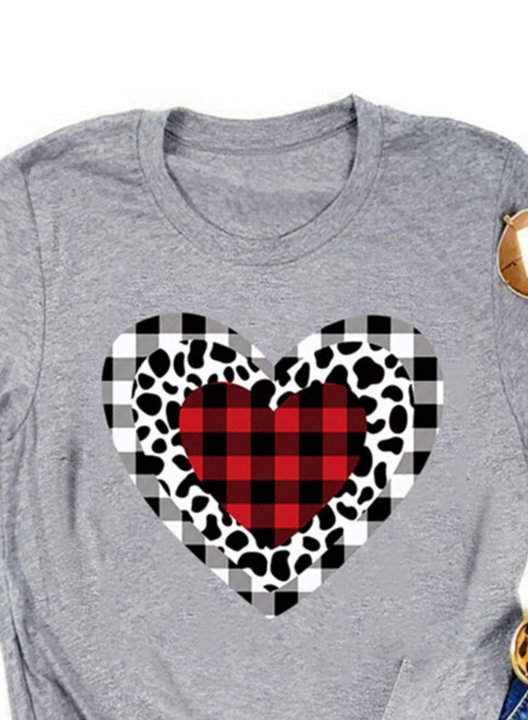 Women's T-Shirt Casual Plaid Leopard Heart-shaped Solid Round Neck Short Sleeve Daily T-shirts