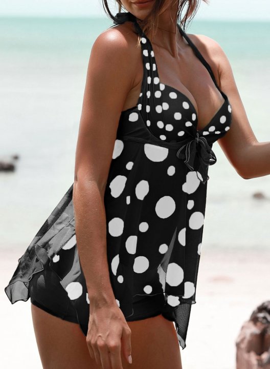 Women's Tankinis High Waist Padded Knot Polka Dot V Neck Tankini Set