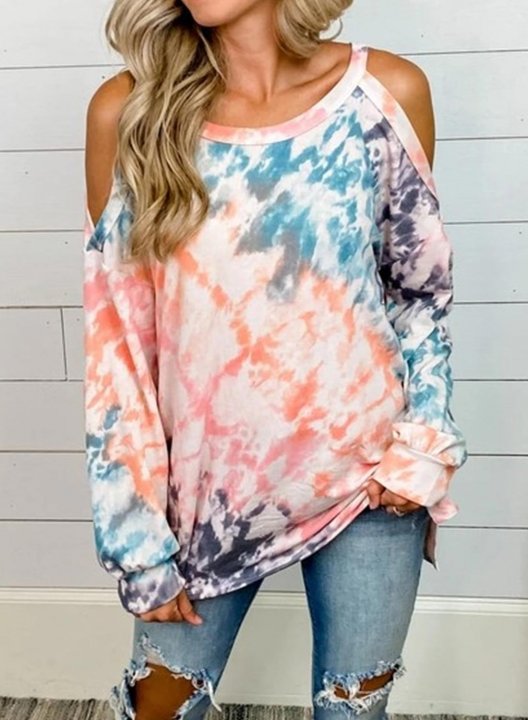 Tie Dye Round Neck Cold Shoulder Loose Sweatshirt