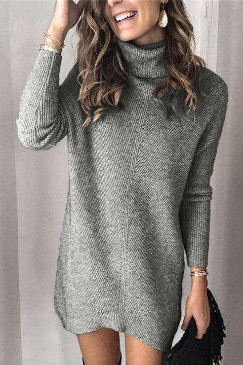 Casual Turtleneck Solid Knitted Sweater Dress